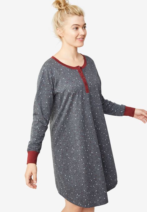 Long Sleeve Henley Sleepshirt, HEATHER CHARCOAL STAR, hi-res image number null