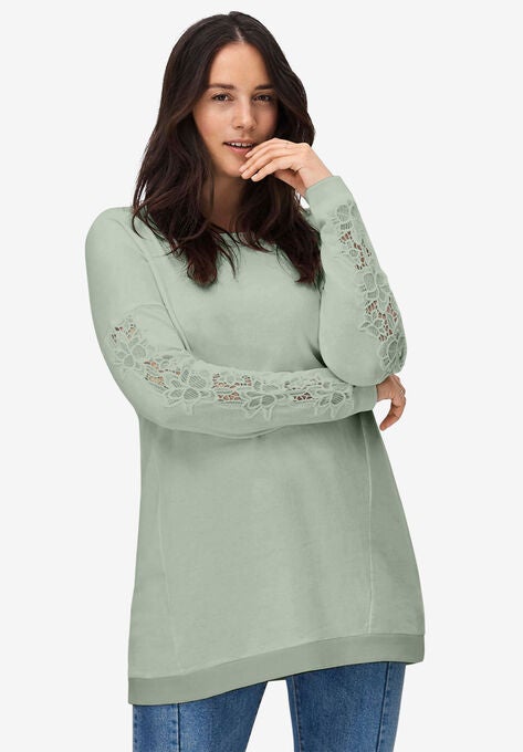 Lace Trim Sweatshirt Tunic, DESERT SAGE, hi-res image number null