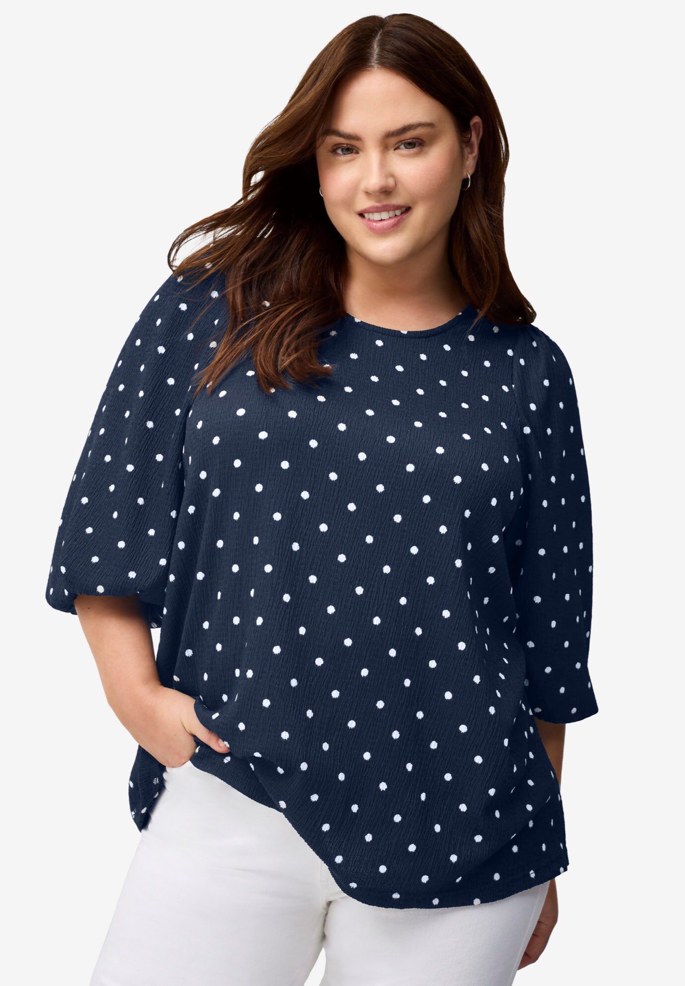 Textured Knit Blouson Sleeve Tee, NAVY WHITE DOT, hi-res image number 0