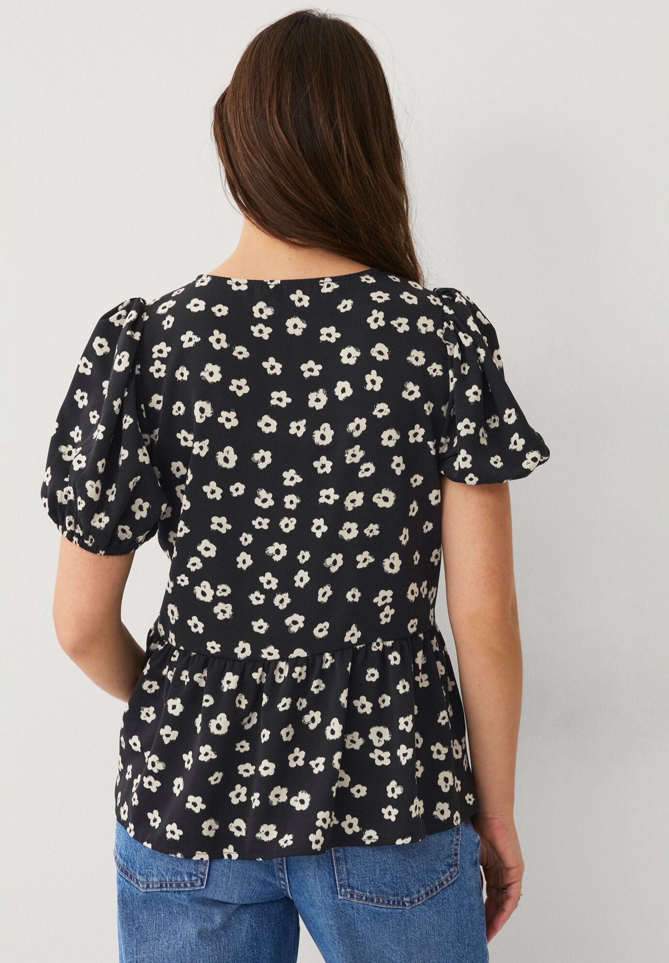 Puff Sleeve Peplum Hem Blouse, BLACK IVORY FLORAL, on-hover image number 1