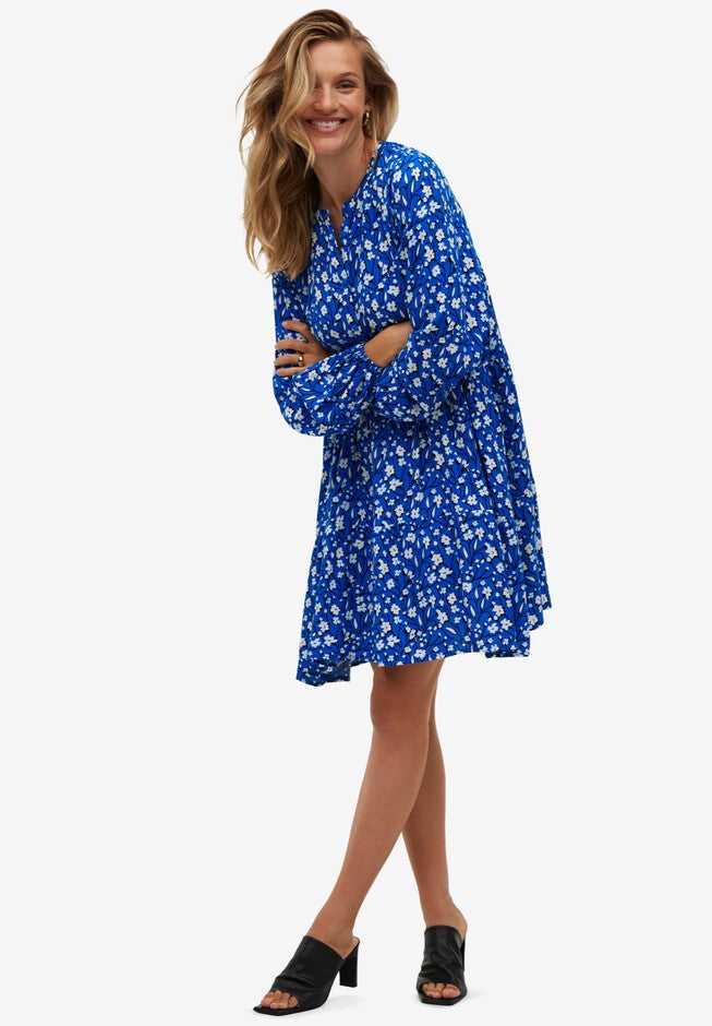 Tiered Dress With Henley Neckline, BRIGHT COBALT WHITE DITSY, hi-res image number null