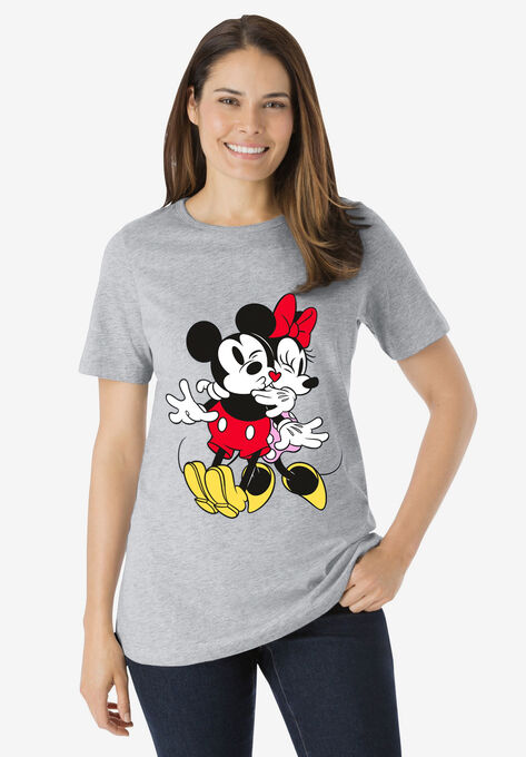 Disney Women's Short Sleeve Crew Tee Heather Gray Mickey Mouse and Minnie Mouse Hug, HEATHER GREY DISNEY GROUP, hi-res image number null
