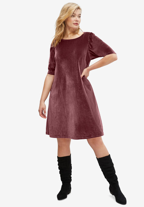 Puff Sleeve Velour Dress, DEEP WINE, hi-res image number null