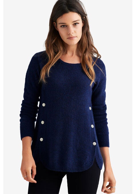 Button Trim Pullover Sweater, MARINE BLUE, hi-res image number null
