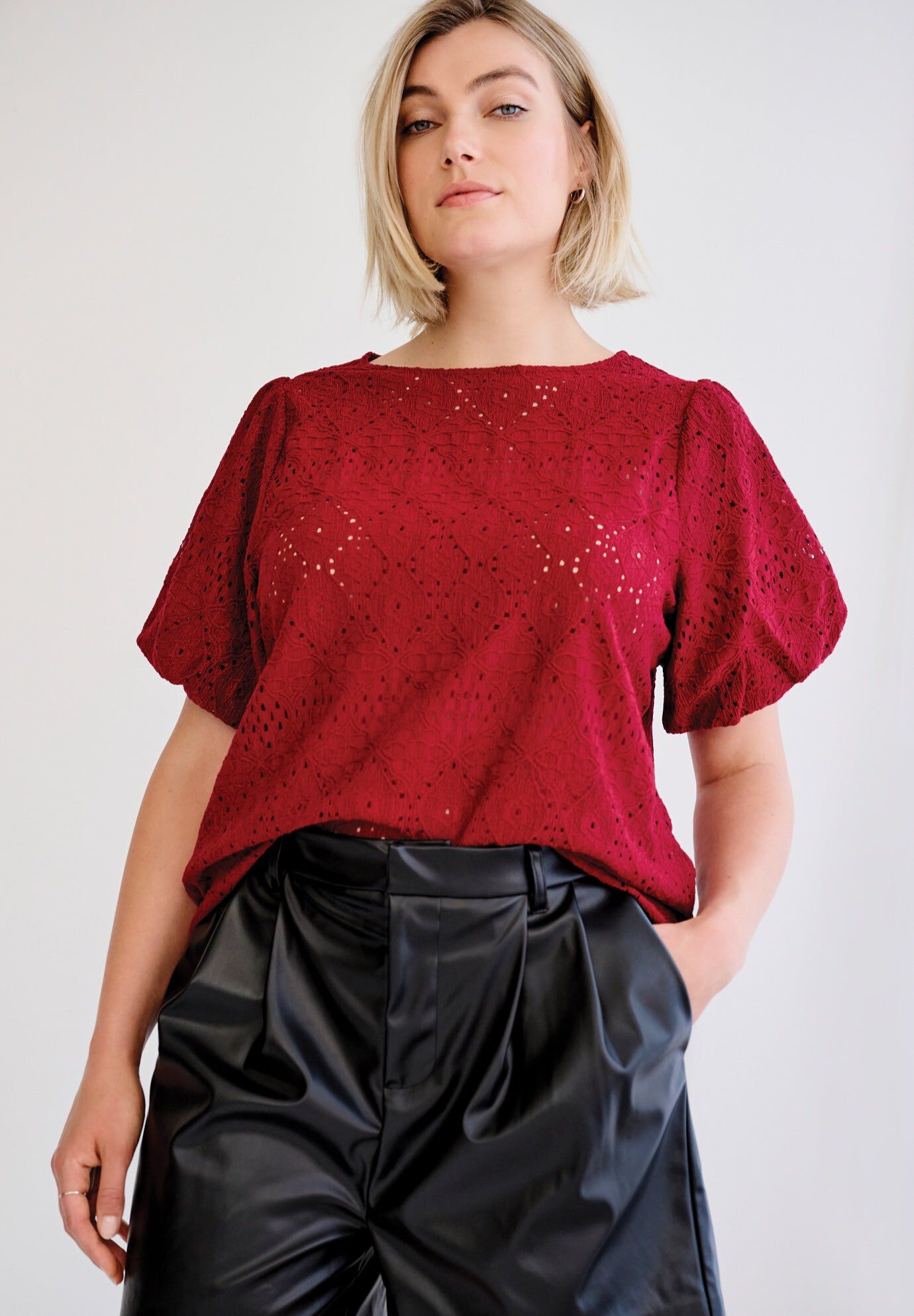 Short Sleeve Lace Tee with Faux Leather Short, , hi-res image number 0