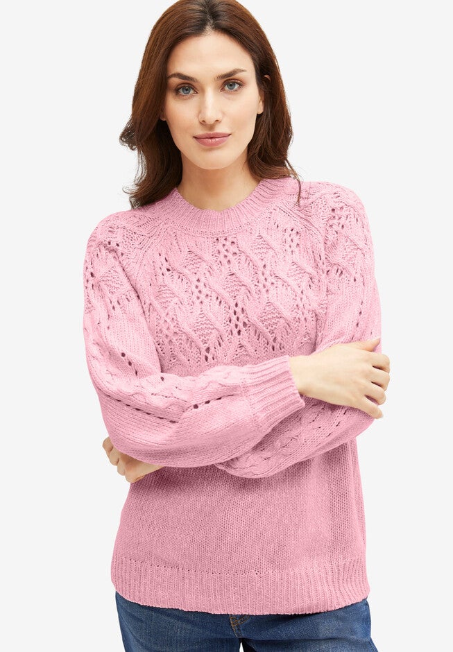 Pointelle Yoke Pullover Sweater, DUSTY PINK MARLED, hi-res image number null