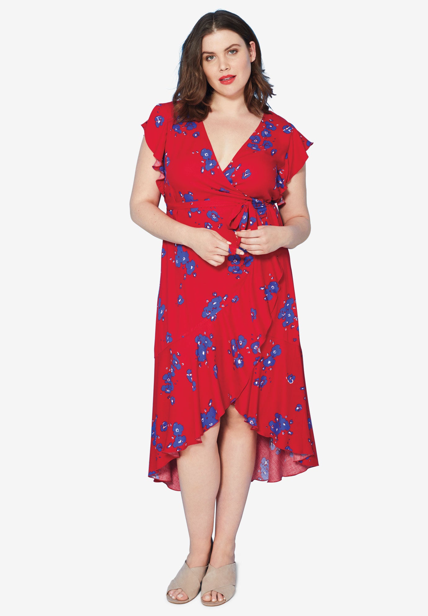 red floral midi wrap dress