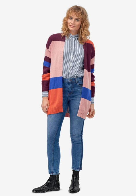 Multi-Stripe Open-Front Cardigan, DEEP PLUM MULTI STRIPE, hi-res image number null