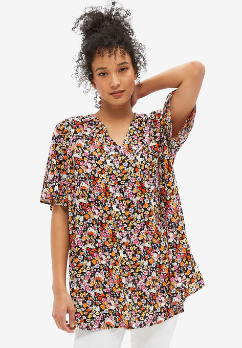 Short Sleeve Inverted Pleat Tunic, MULTI FLORAL, hi-res image number null