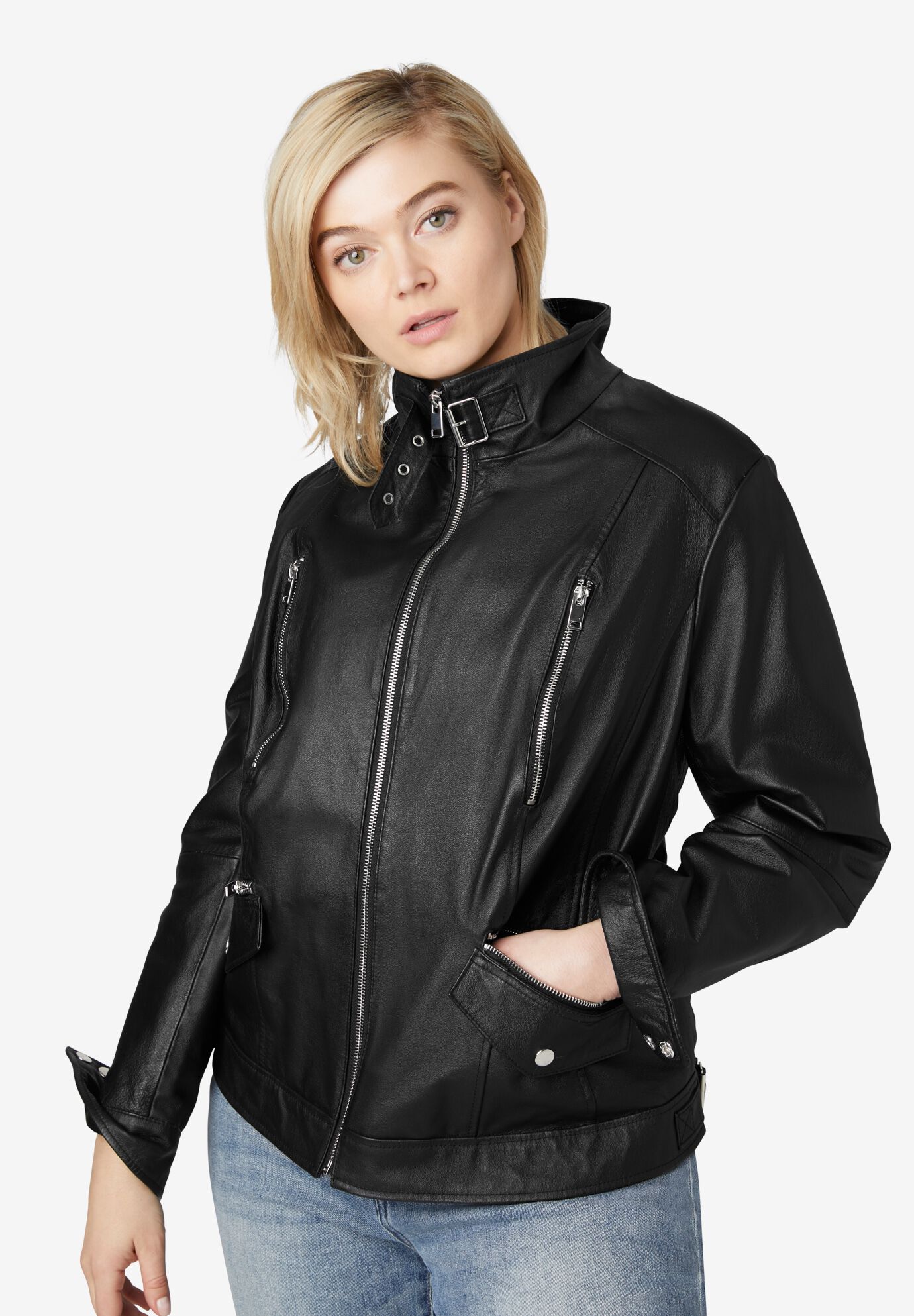 Woman within leather jackets top