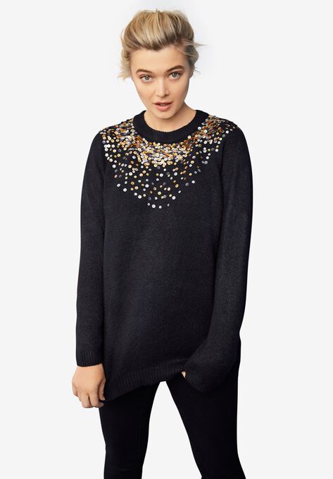 Sequin Yoke Pullover, BLACK, hi-res image number null