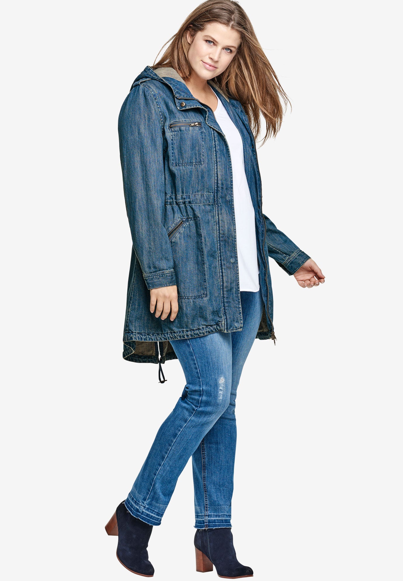 Plus size store long denim coat