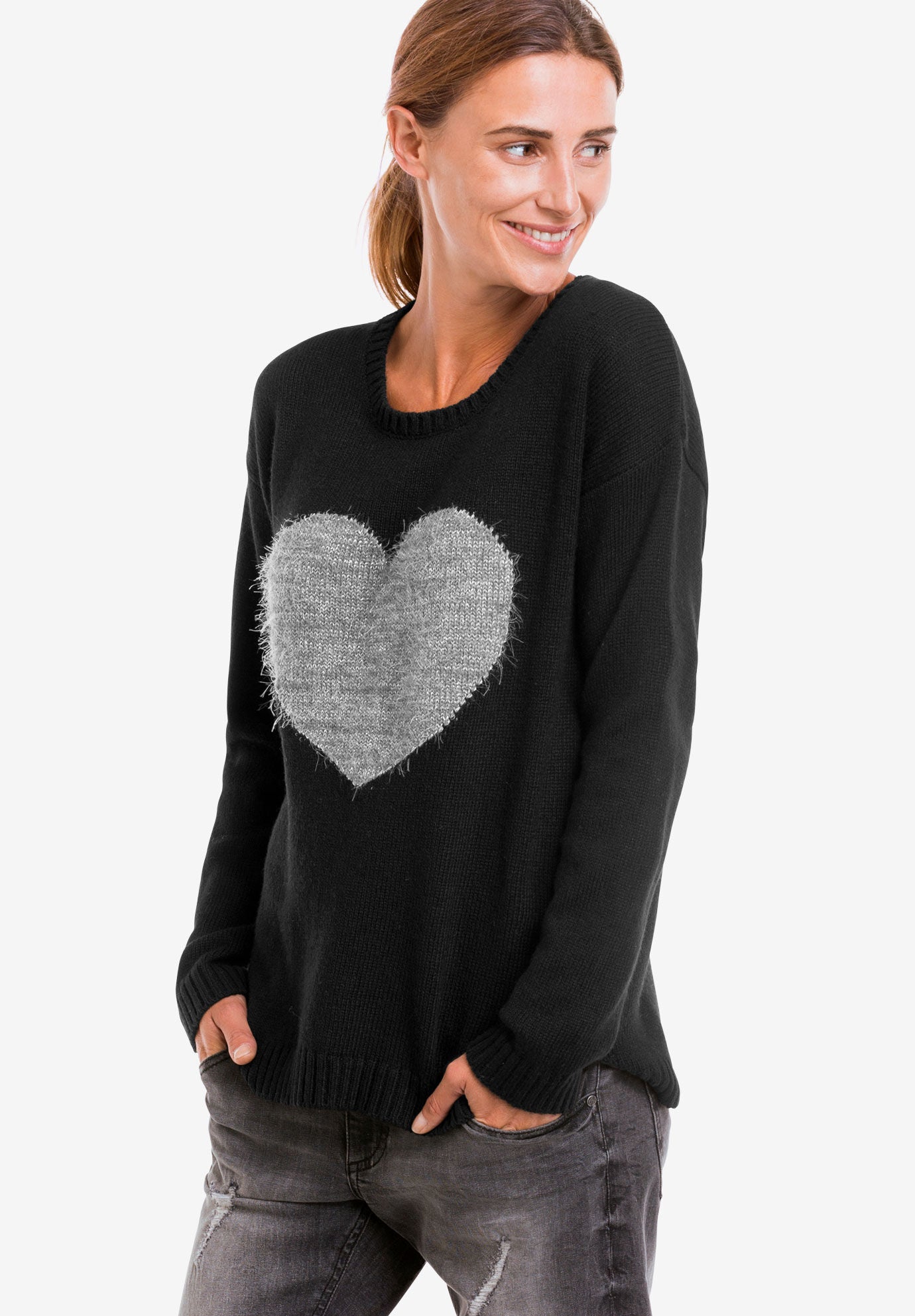 Heart Detail Pullover Love Ellos Sweater Black Grey Ellos