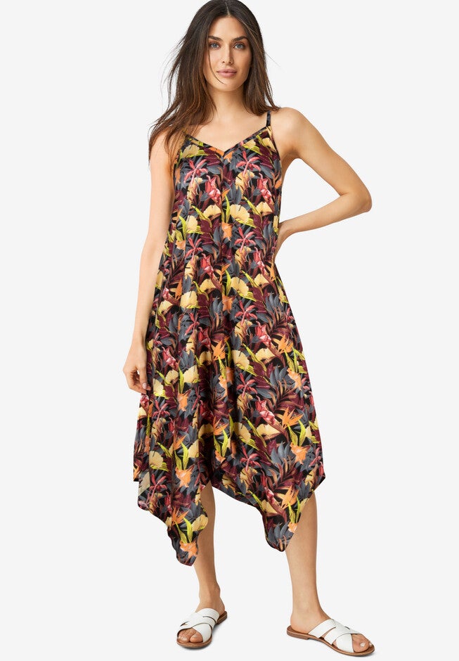 Printed Hanky Hem Dress, MULTI TROPICAL PRINT, hi-res image number 0