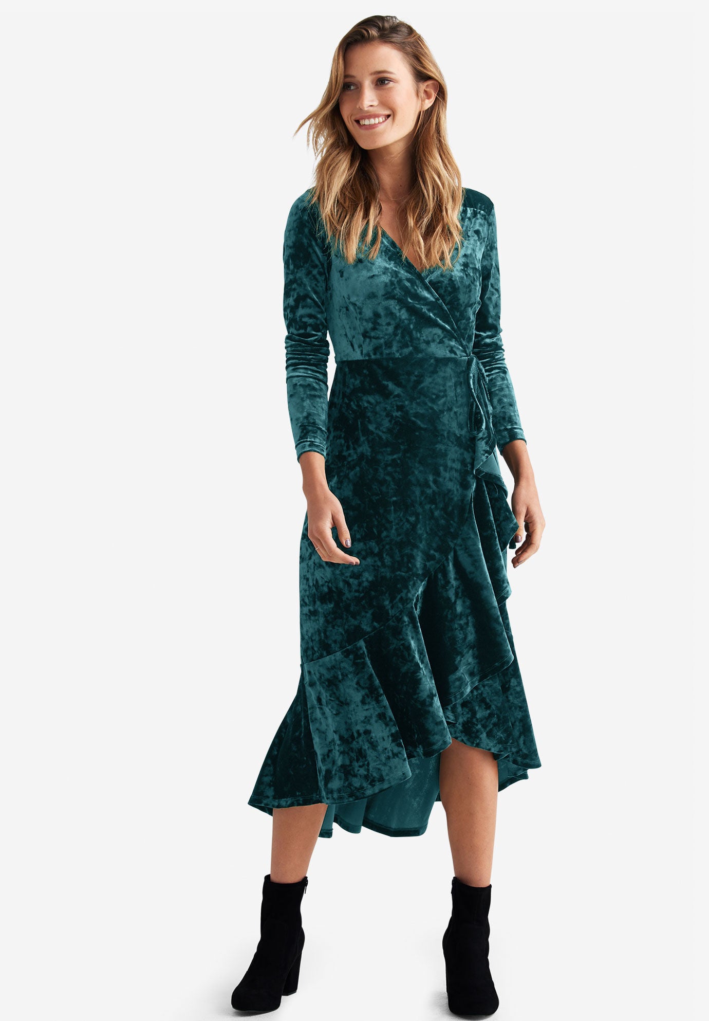 green wrap velvet dress