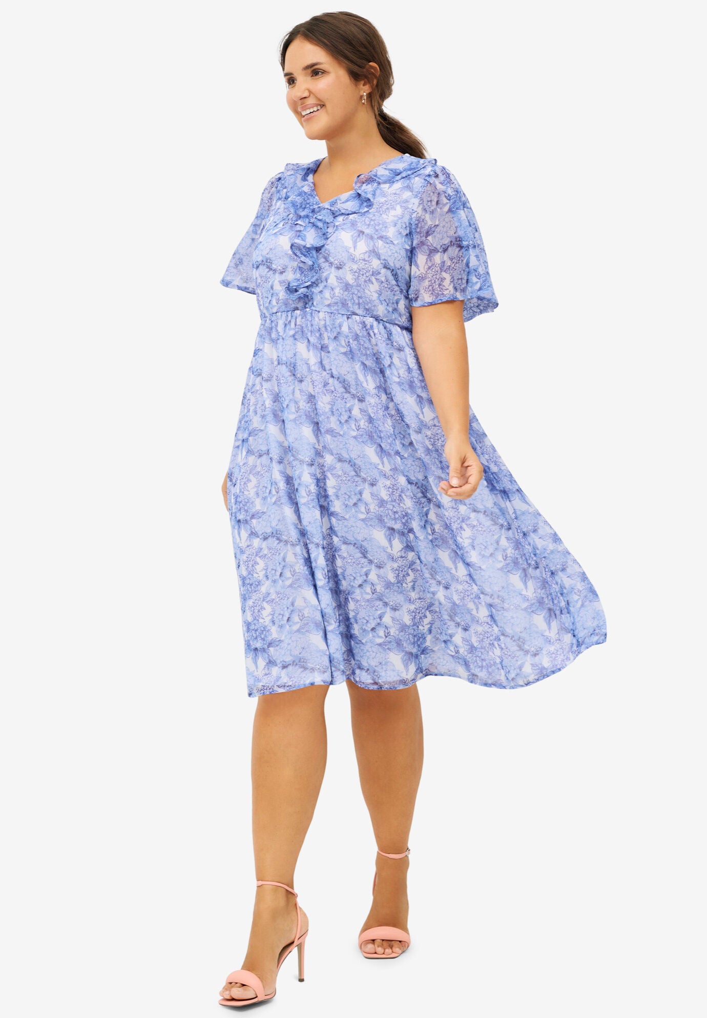 Ruffled VNeck Empire Dress for Any Occasion, Dream Blue Floral Ellos
