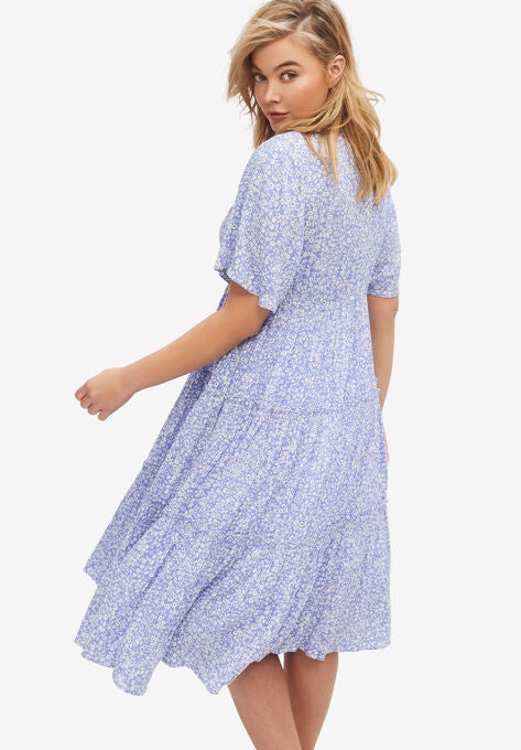 Tiered Midi Dress With Surplice Neckline, , on-hover image number null