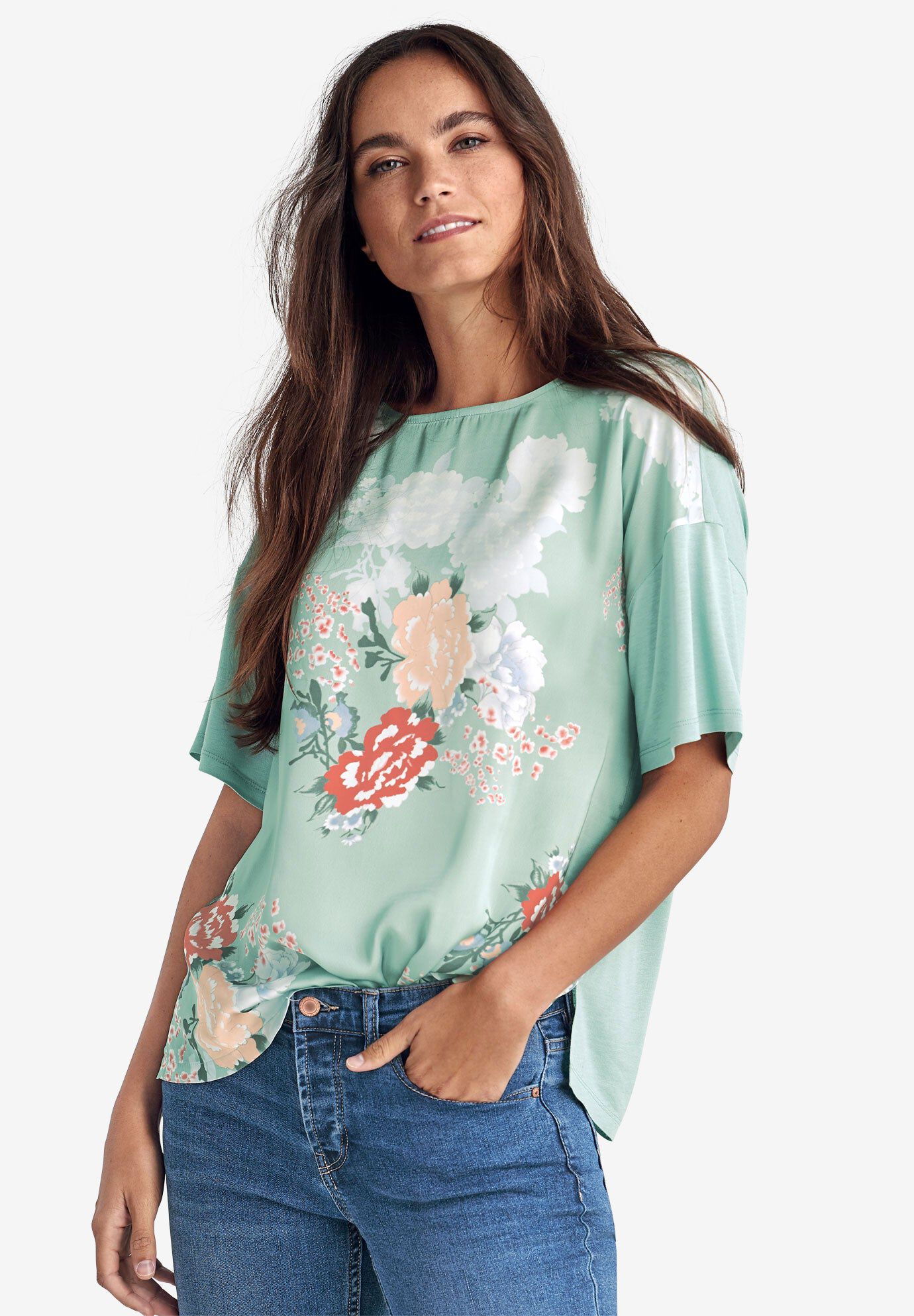 Satin-Front Tee, AQUATIC GREEN FLORAL, hi-res image number 0