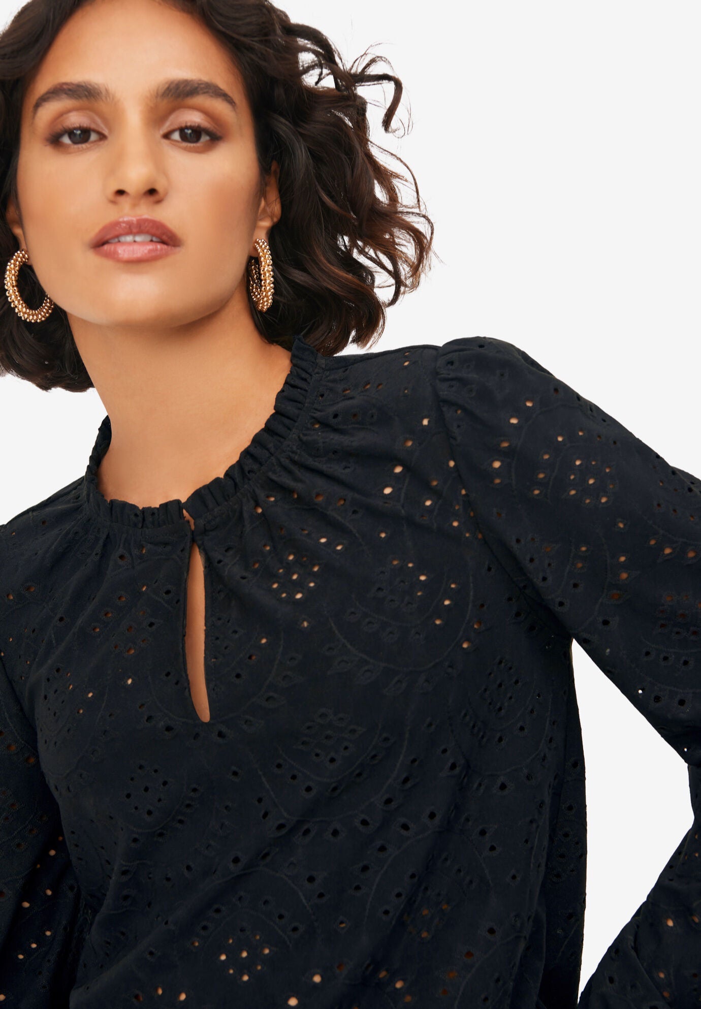 Long Sleeve Knit Eyelet Top With Keyhole Neckline, , alternate image number 2