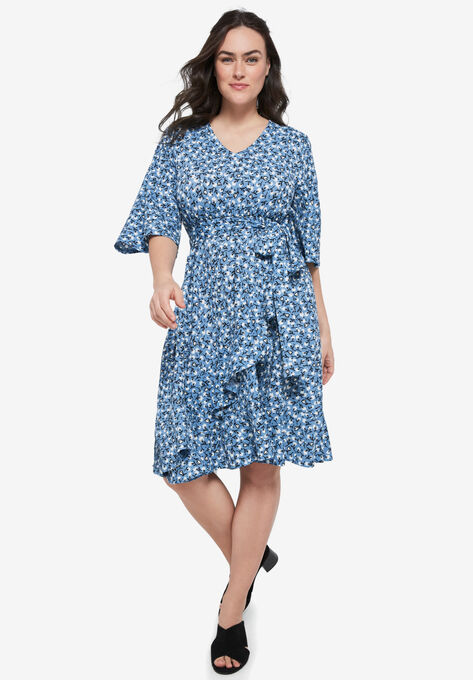 V-Neck Textured Knit Dress With Diagonal Ruffle, BLUE SHADOW DITSY FLORAL, hi-res image number null