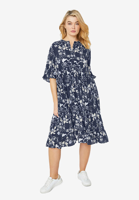 Ruffled Empire Dress, NAVY FLORAL PRINT, hi-res image number null
