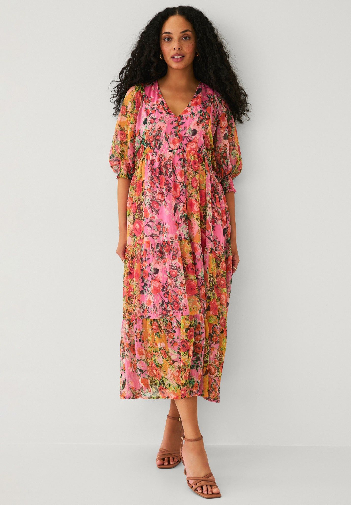 Sheer Tiered Long Midi Dress, PINK MULTI FLORAL, hi-res image number 0