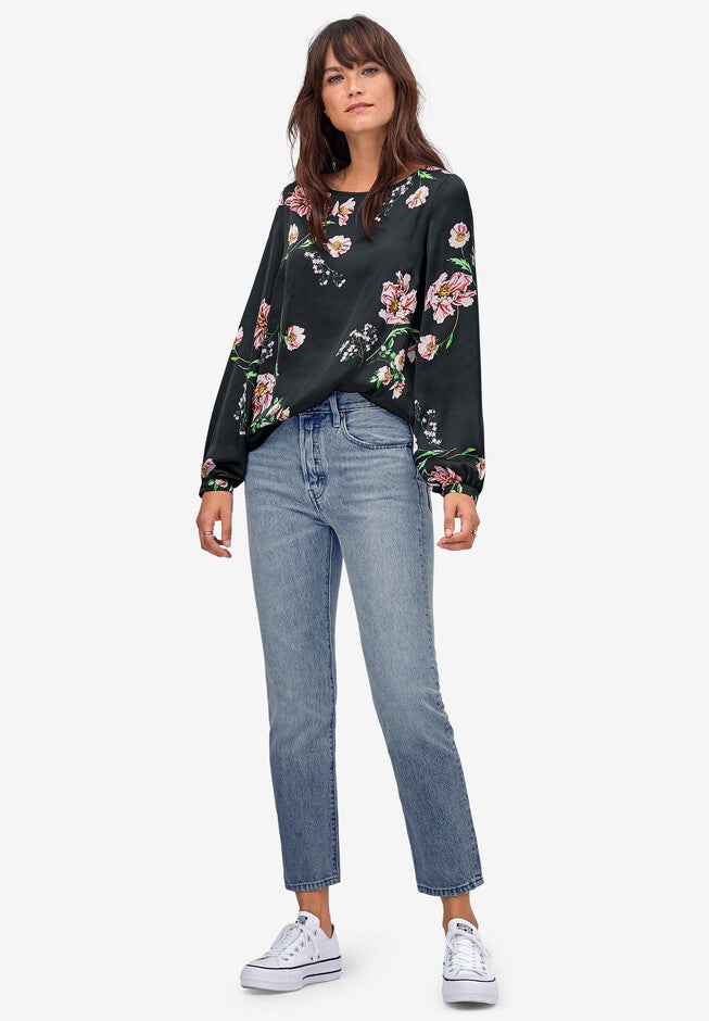 Blouson-Sleeve Satin Blouse, BLACK MULTI FLORAL, hi-res image number null