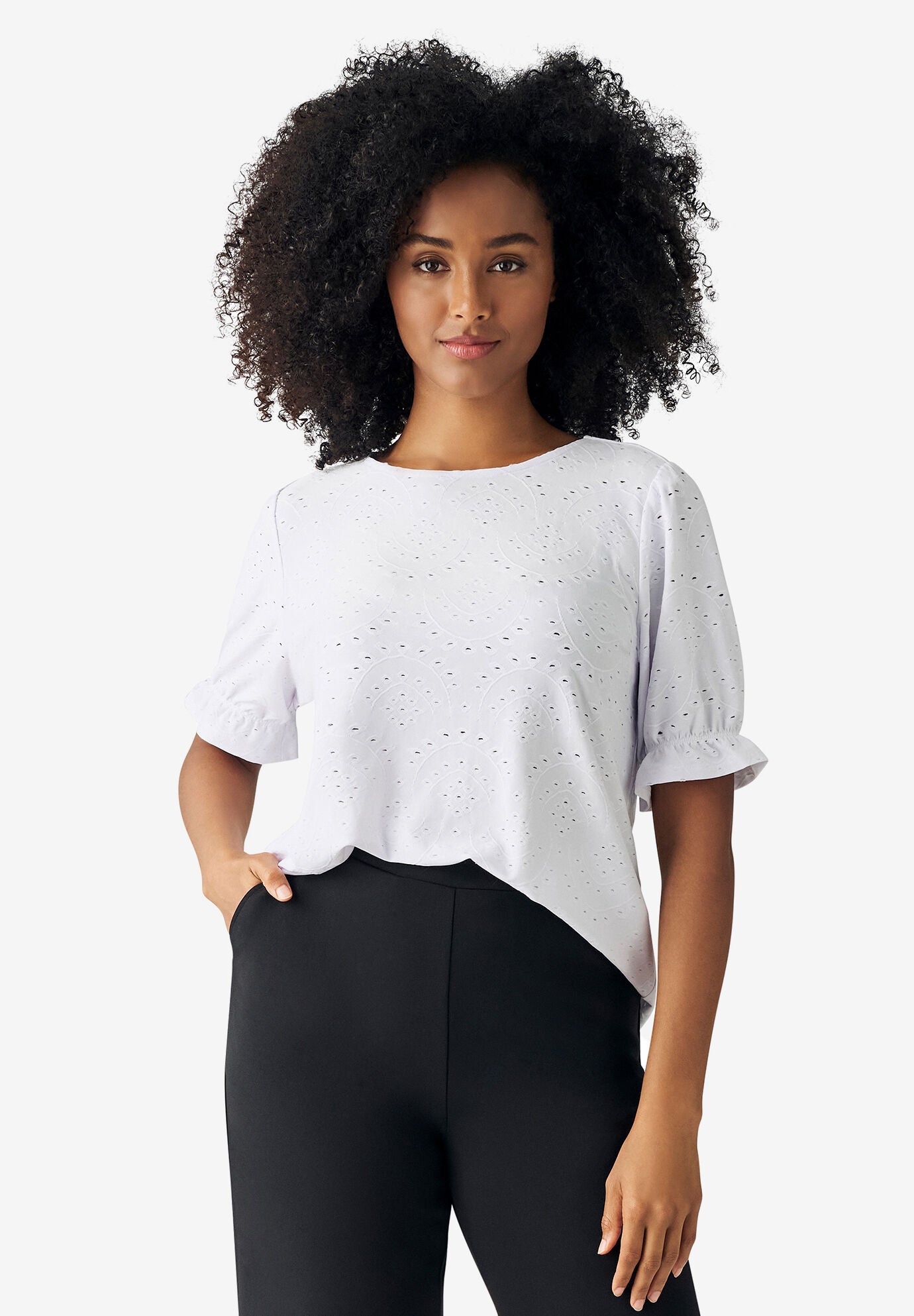 Short Puff Sleeve Eyelet Tee Feminine Style, White Ellos