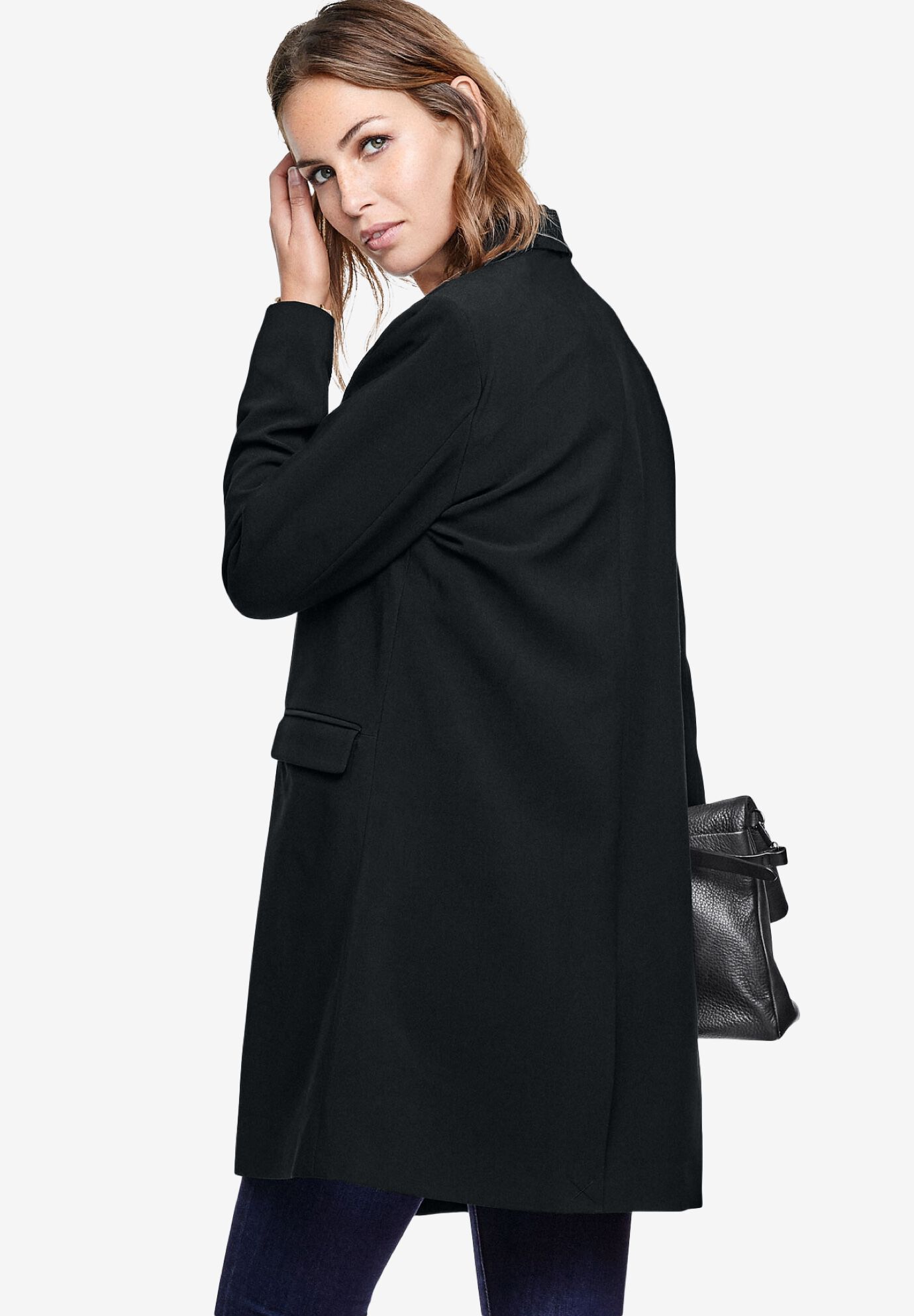 Stretch Button Front Oversized Long Blazer, BLACK, on-hover image number 1