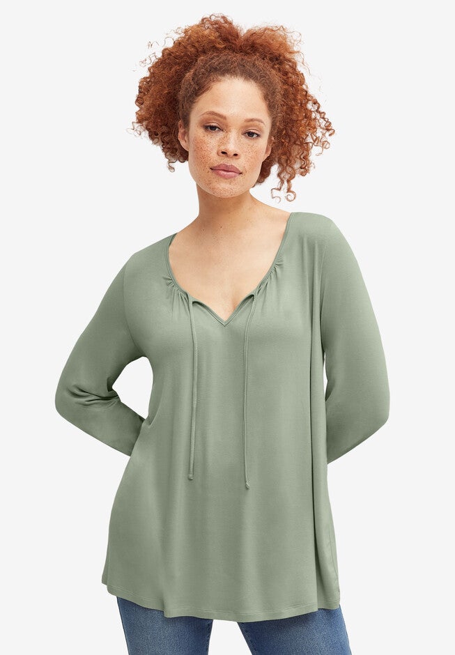 Keyhole Neckline Knit Peasant Top, DESERT SAGE, hi-res image number null