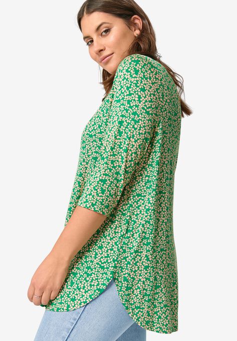 Three-Quarter Sleeve Curved Hem Tunic, KELLY GREEN FLORAL, hi-res image number null