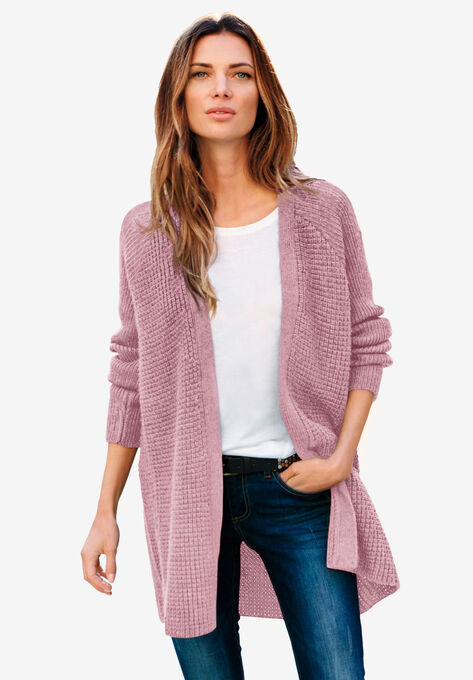 Open Front Waffle Cardigan, DUSTY PINK, hi-res image number null