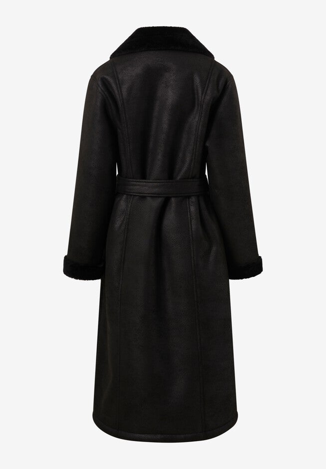 Long Faux Shearling Coat With Belt, , alternate image number 4