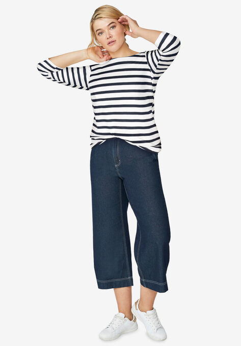 Boatneck Tee With Three-Quarter Sleeves, WHITE NAVY STRIPE, hi-res image number null