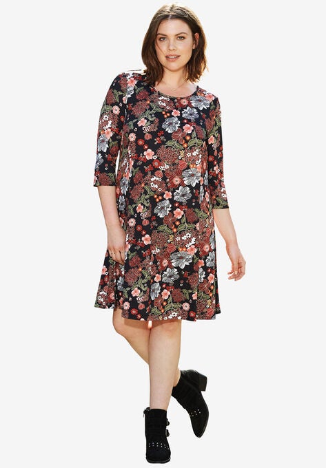 Madison 3/4 Sleeve Dress, BLACK FLORAL PRINT, hi-res image number null
