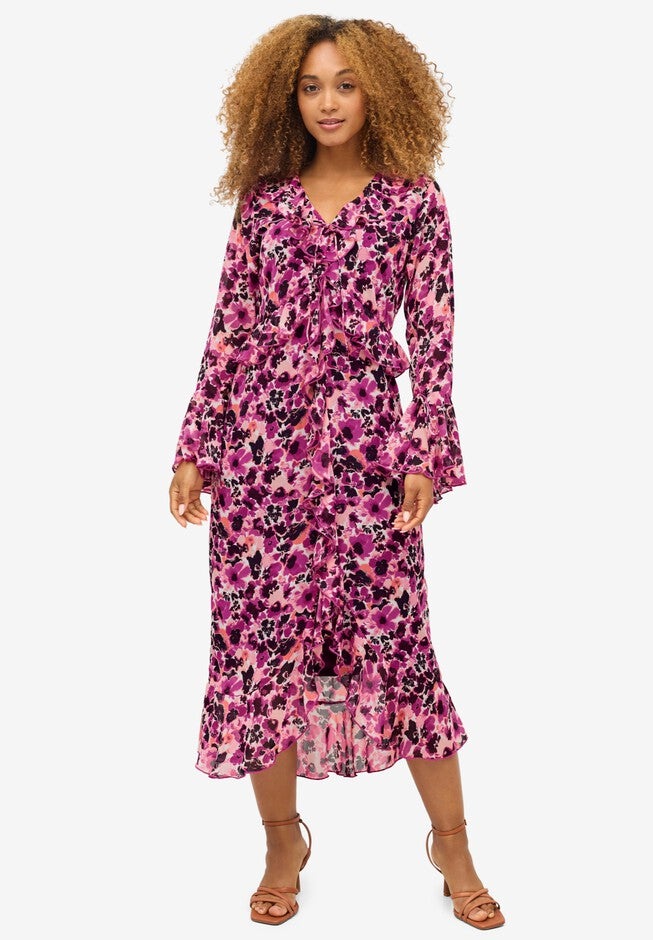 Sheer Ruffle Trim Empire Midi Dress, RASPBERRY FLORAL, hi-res image number null