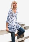Tiered Floral 3/4 Sleeve Tunic, WHITE NAVY PRINT, hi-res image number null