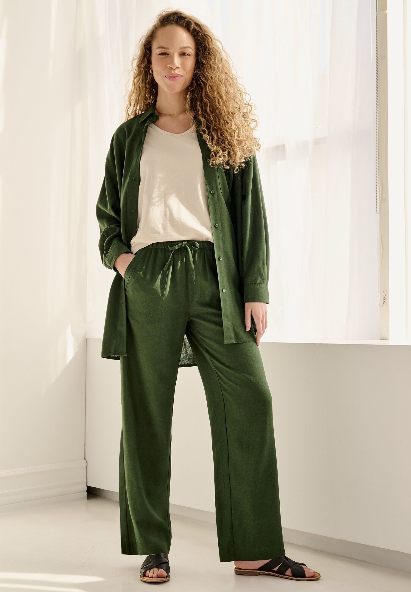 Linen-Blend Button-Front Shirt and Pant, , hi-res image number 0