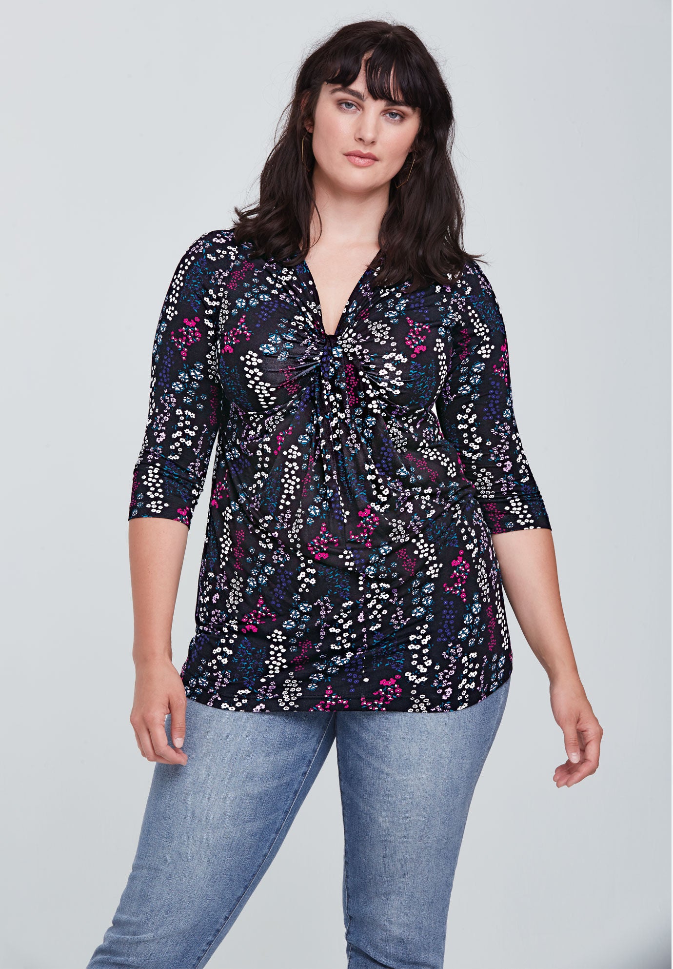 Sieanear Women's Casual Long Sleeve Twist Knot T-Shirt Top - Round Neck, Loose Fit Tunics In Color Block Design, Rayon Blend Fabric (Black, X-Large)