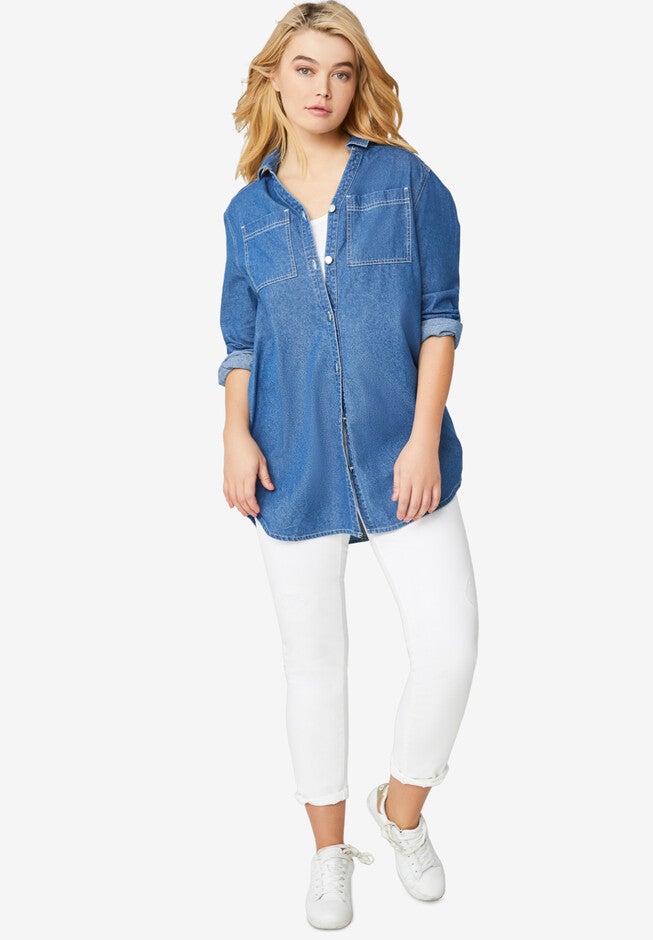 Denim Button-Front Tunic, , alternate image number null