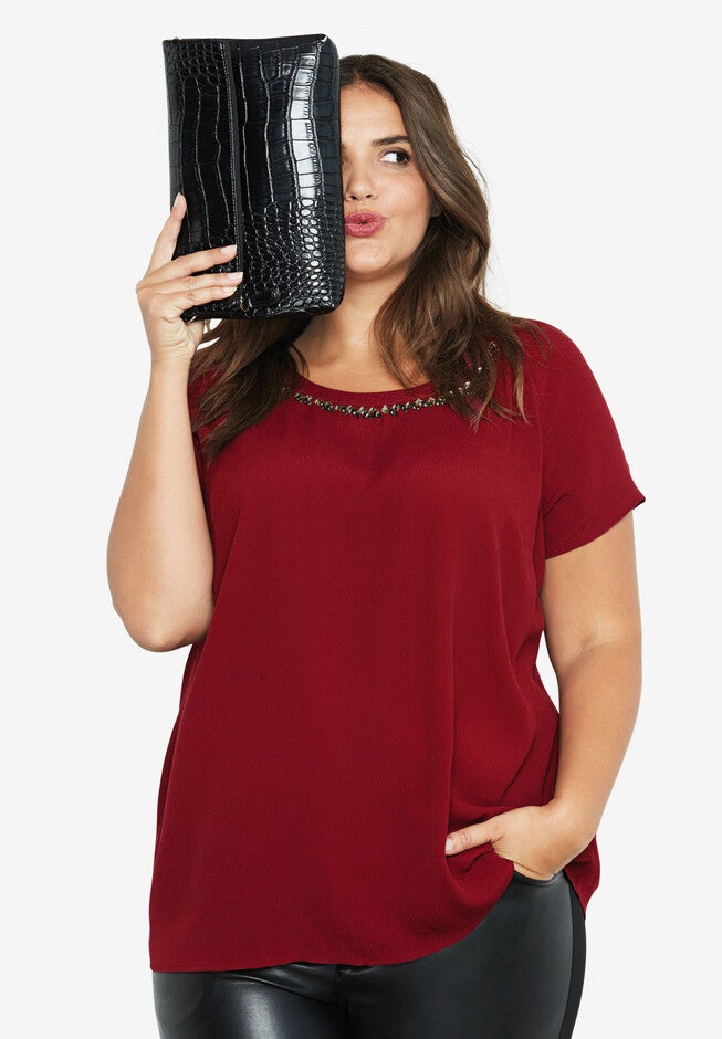 Jewel Embellished A-line Top, RICH BURGUNDY, hi-res image number 0