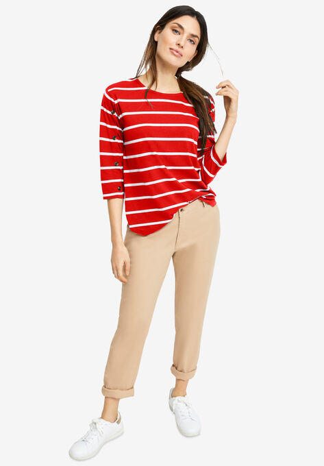 Striped Button Sleeve Tee, RADIANT RED WHITE STRIPE, hi-res image number null
