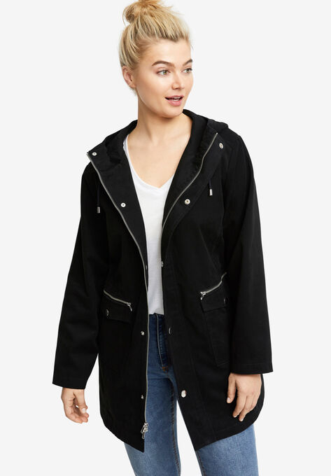 Multi-Pocket Hooded Twill Jacket, BLACK, hi-res image number null
