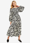 Smocked Bodice Tiered Midi Dress, BLACK IVORY PRINT, hi-res image number null