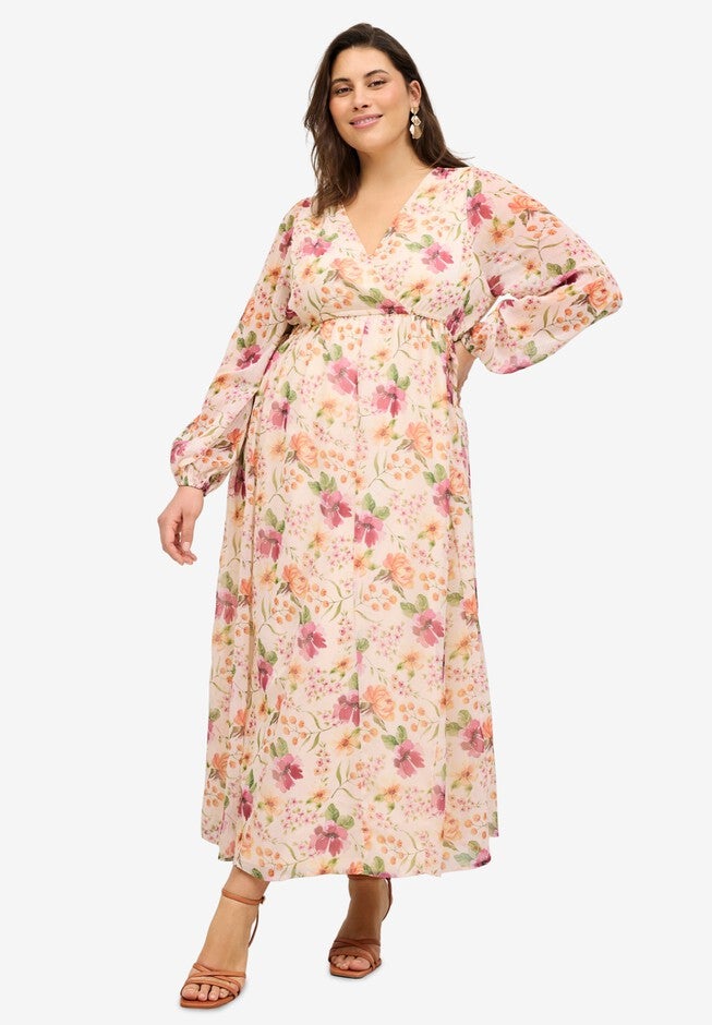Surplice Georgette Maxi Dress, SOFT BUTTER FLORAL, hi-res image number null