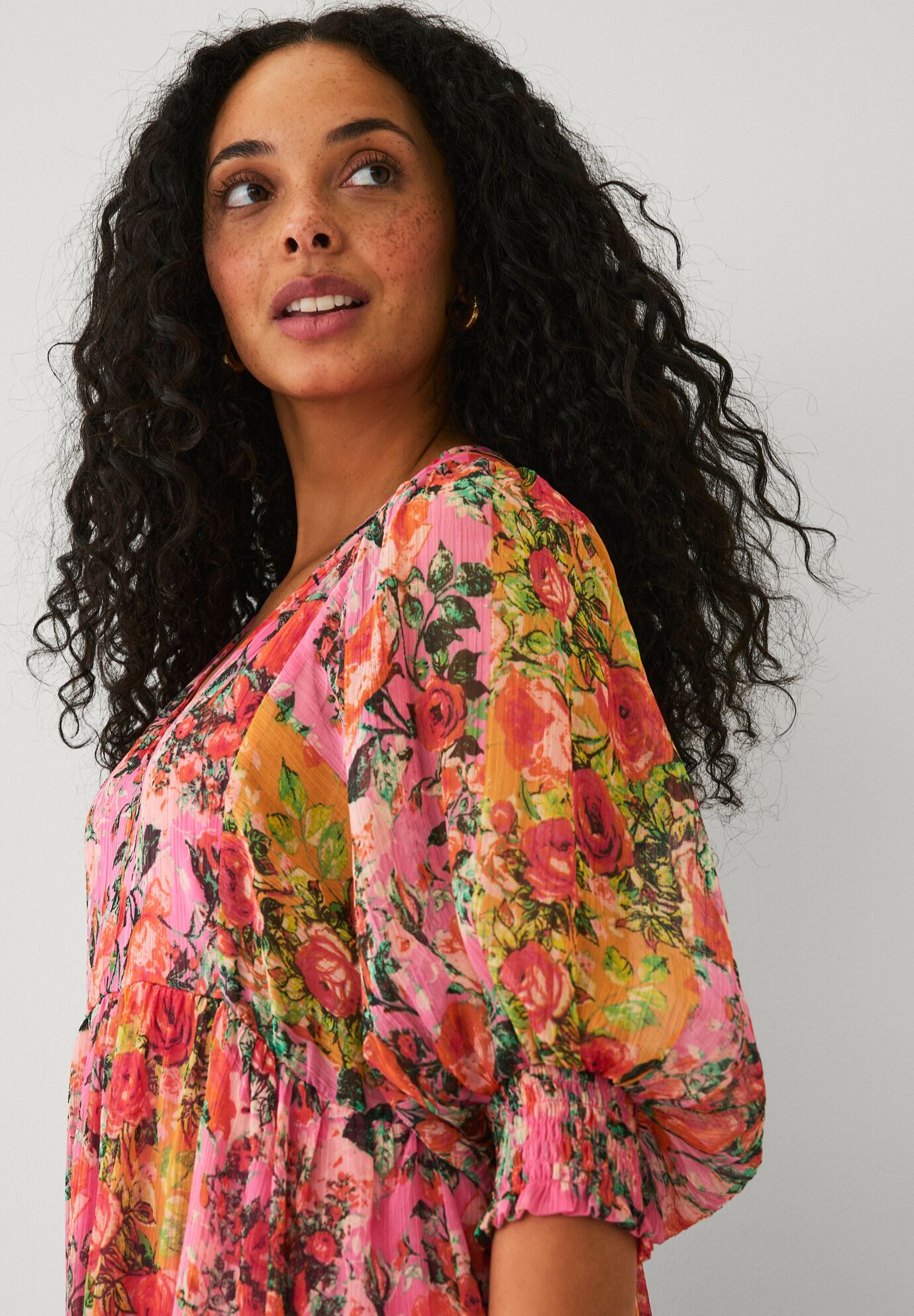 Sheer Tiered Long Midi Dress, PINK MULTI FLORAL, alternate image number 2
