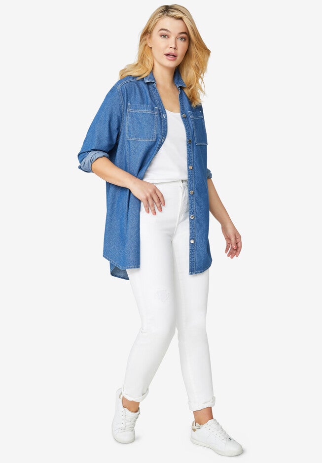 Denim Button-Front Tunic, MEDIUM STONEWASH, hi-res image number null