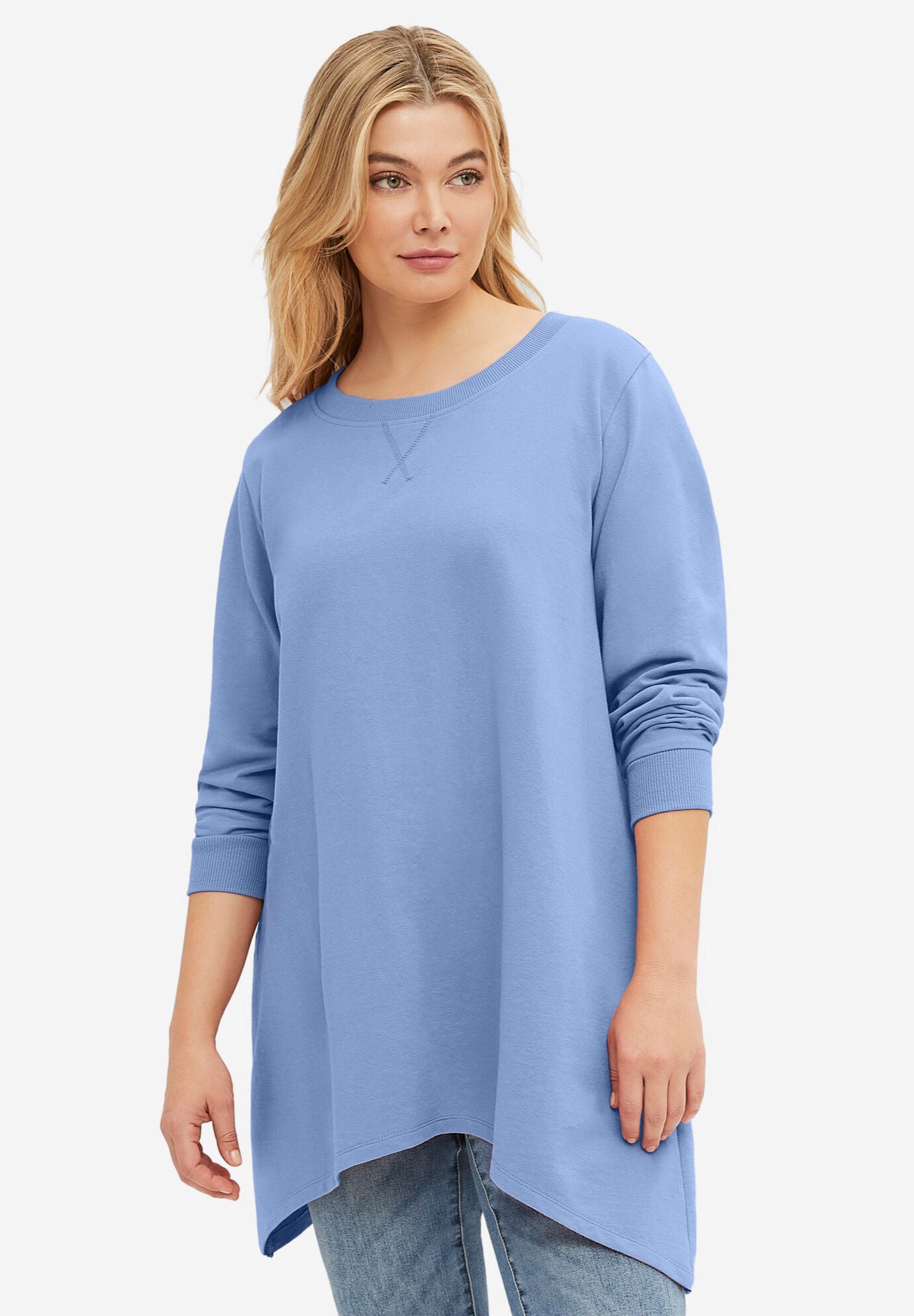 Point Hem Sweatshirt Tunic, DUSTY CORNFLOWER, hi-res image number 0