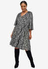 V-Neck Textured Knit Dress With Diagonal Ruffle, BLACK IVORY PRINT, hi-res image number null