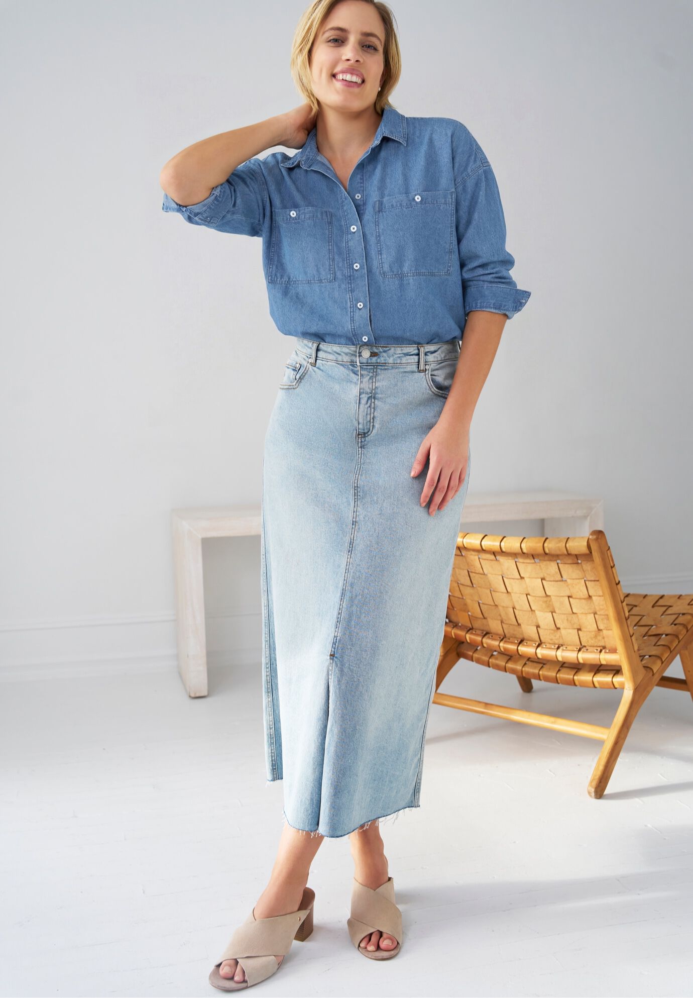 100% Cotton Denim Oversized Button-Front Collared Shirt, , on-hover image number 1